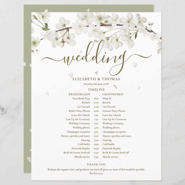 Blossom Floral Script Wedding Schedule Timeline (Front/Back)