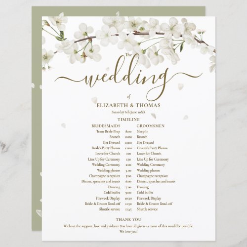 Blossom Floral Script Wedding Schedule Timeline