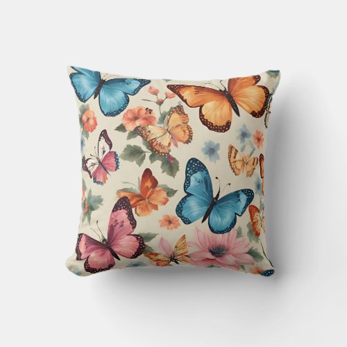 Blossom Harmony Flowers and Butterflies Throw Pillow