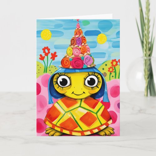 Blossom Hat Birthday Turtle Kids Birthday Card