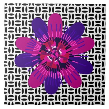 Blossom In Pink And Purple On Black And White Ceramic Tile by Mistflower at Zazzle
