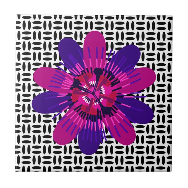 Blossom in Pink and Purple on Black and White Ceramic Tile (Front)