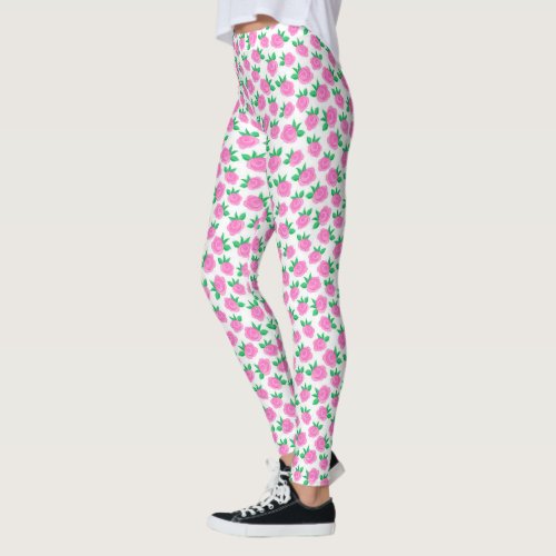Blossom in Style Cute Flowers and Pink Roses White Leggings