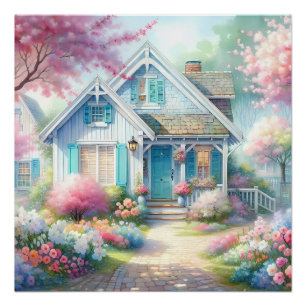 Blossom Lane Blue Cottage Garden Poster