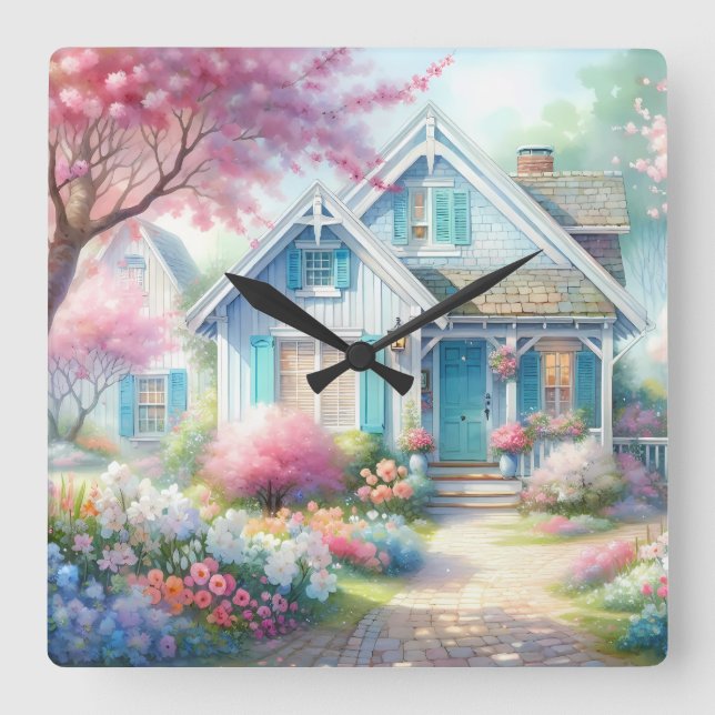 Blossom Lane Blue Cottage Garden Square Wall Clock (Front)