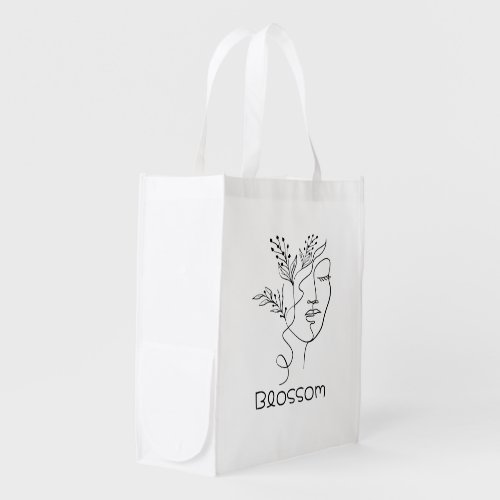 Blossom Line Art Woman Head Black Elegant Minimal Grocery Bag