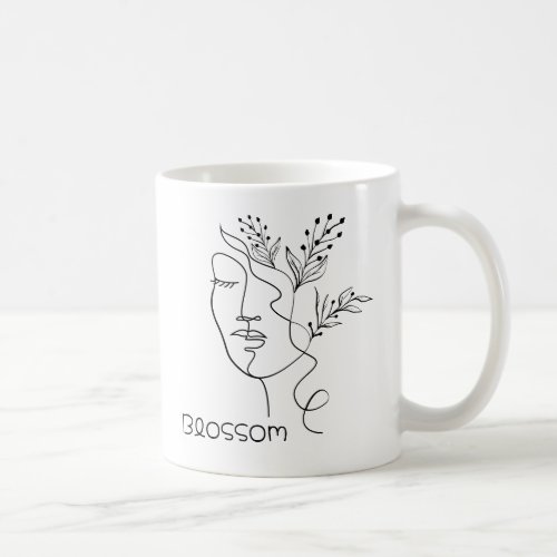 Blossom Line Art Woman Head Elegant Minimal Black Coffee Mug