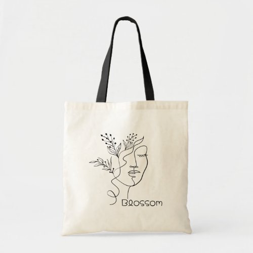 Blossom Line Art Woman Head Elegant Minimal Black Tote Bag