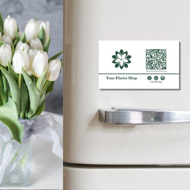 🌼Blossom Logo Florist Green & White Business Card Magnet (🌼Blossom Logo Florist Green & White Business Card Magnet, Custom Logo, QR code, Social Button)