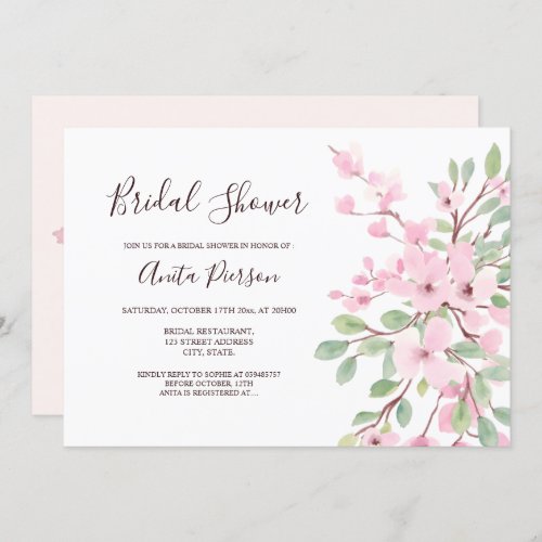 Blossom pink floral watercolor bridal shower invitation