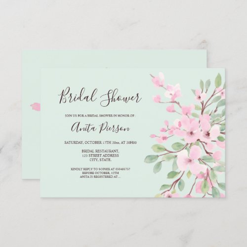 Blossom pink green floral watercolor bridal shower invitation