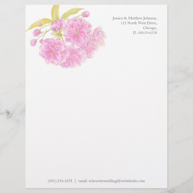 Blossom pink green watercolor art letterhead (Front)