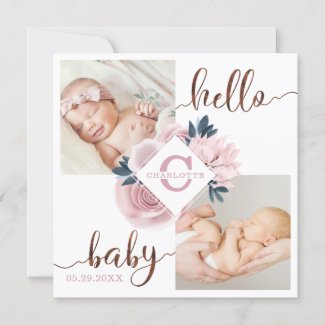 Blossom Pink Rose Floral Birth Announcement Card