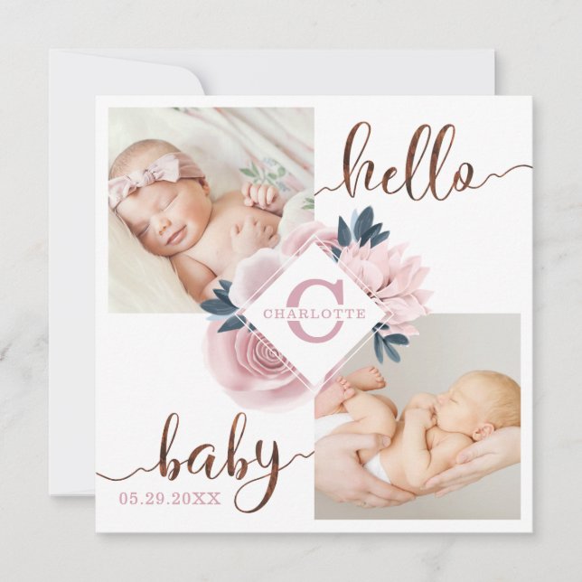 Blossom Pink Rose Floral Birth Announcement Card (Front)