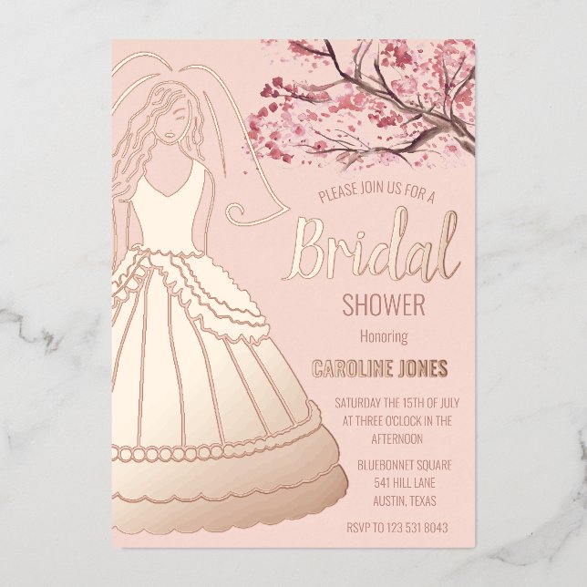 Blossom Rose Gold Foil Floral Dress Bridal Shower Foil Invitation (Front)