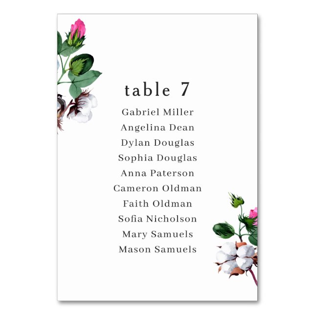 Blossom White cotton. Wedding Single seating plan Table Number (Front)