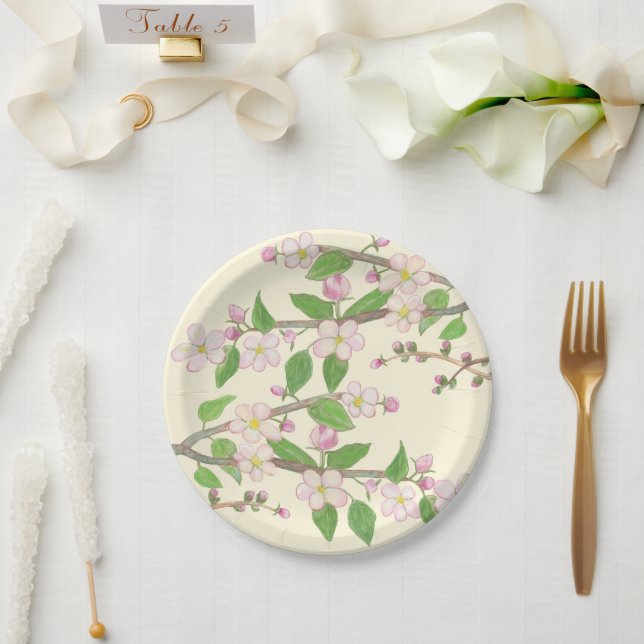 Blossoming Apple Tree Branch Illustration  Paper Plates (Wedding)