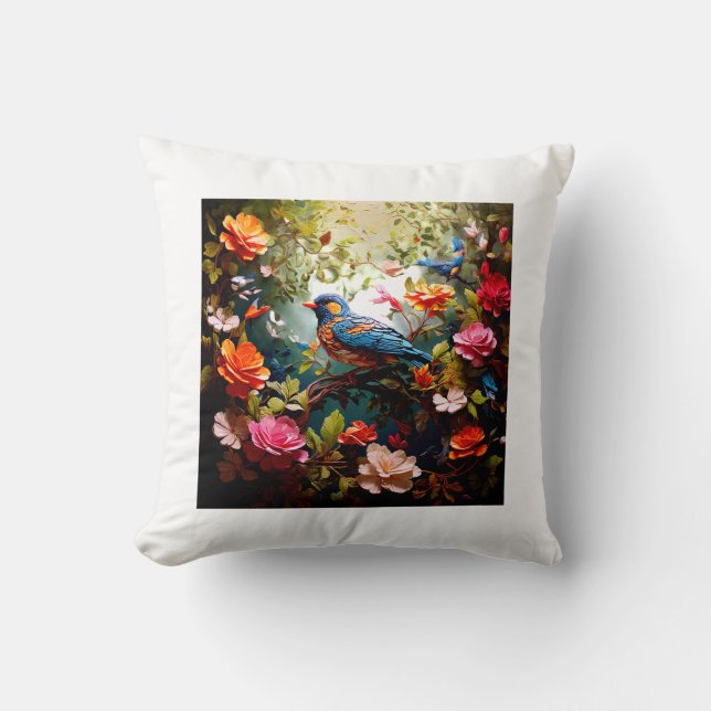 Blossoming Birds: Floral Haven Throw Pillow (Front)