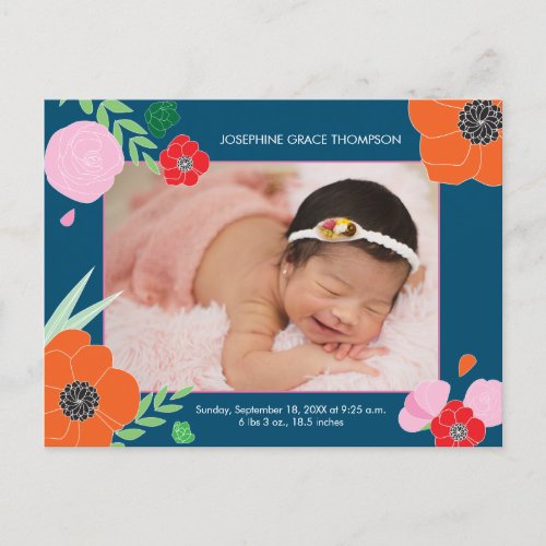 Blossoming Blue Modern Floral Baby Birth Announce Announcement Postcard