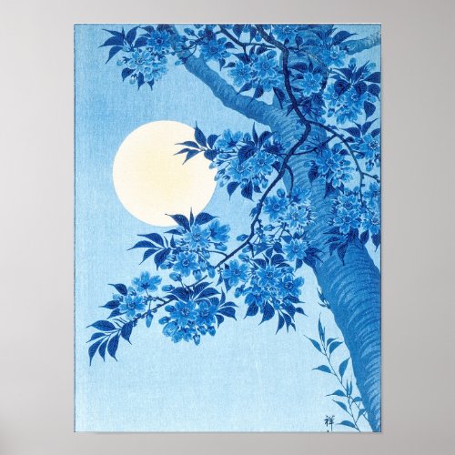Blossoming Cherry Moonlit Night Ohara Koson Blue12 Poster