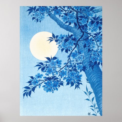 Blossoming Cherry Moonlit Night Ohara Koson Blue18 Poster