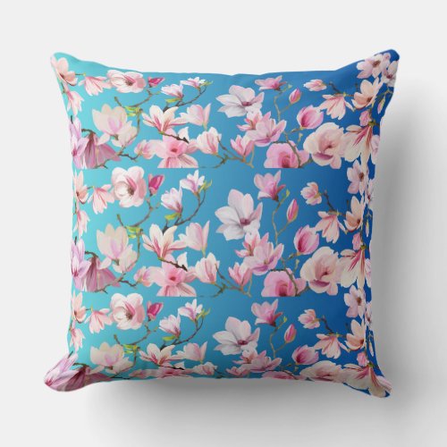 Blossoming Elegance Pink Flower and Leaves Print  Throw Pillow