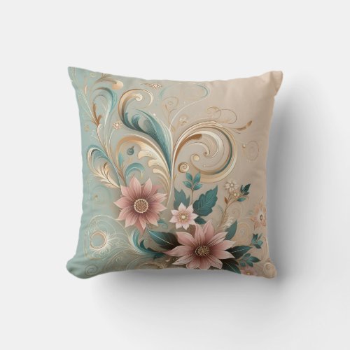 Blossoming Floral Swirls of Spring Golden Elegance Throw Pillow