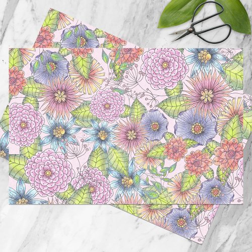 Blossoming Flowers and Green Leaves on Blush Pink Tissue Paper