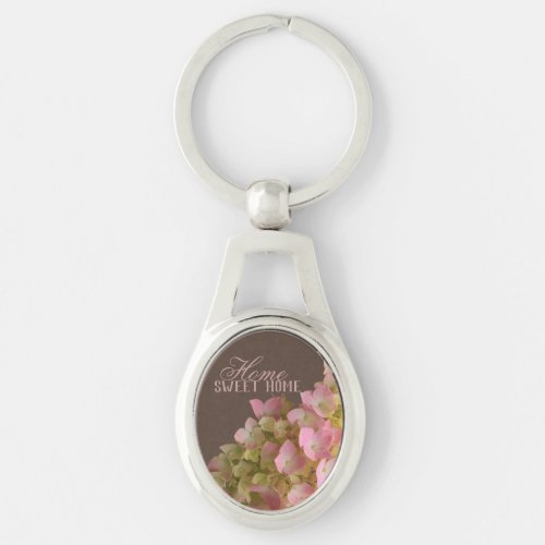 Blossoming Hydrangea Floral on Derby Brown Metal Keychain
