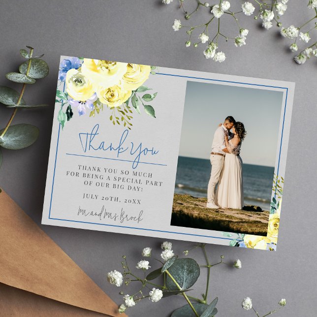 Blossoming Love Blue Yellow Floral Summer Spring Thank You Card (Creator Uploaded)