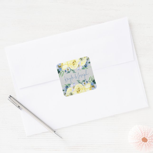 Blossoming Love Blue Yellow Floral Wedding Square Sticker (Envelope)