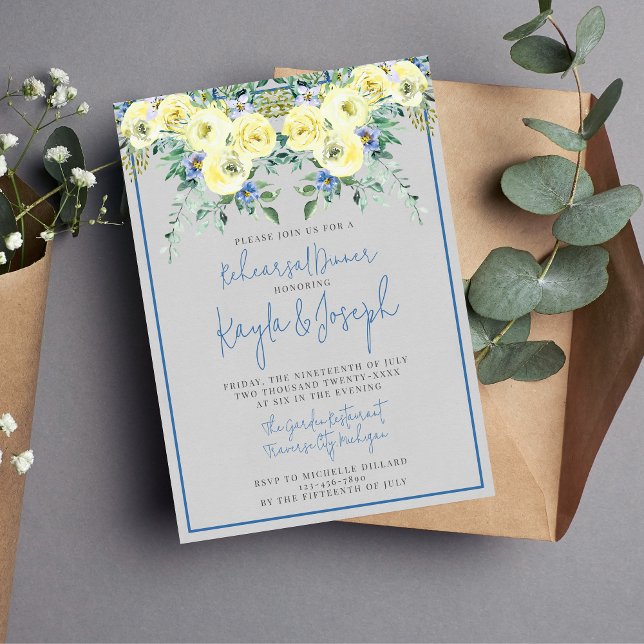 Blossoming Love Blue Yellow Rehearsal Dinner Invitation (Creator Uploaded)