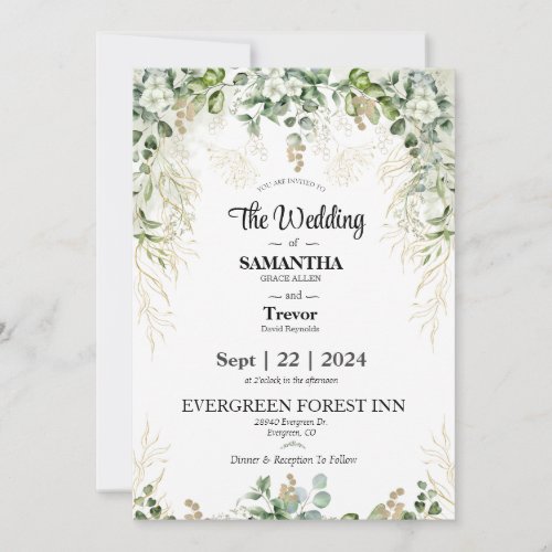 Blossoming Love Gold  Green Accents Wedding  Invitation