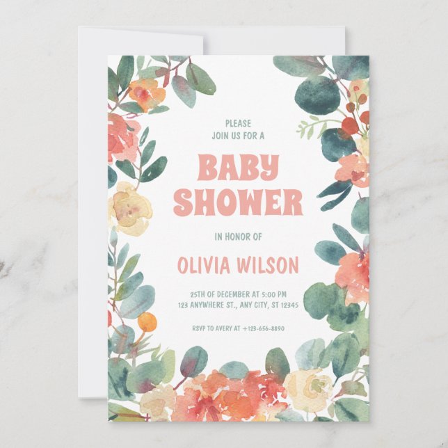 Blossoming Love: Green & Coral Baby Shower Invitation (Front)