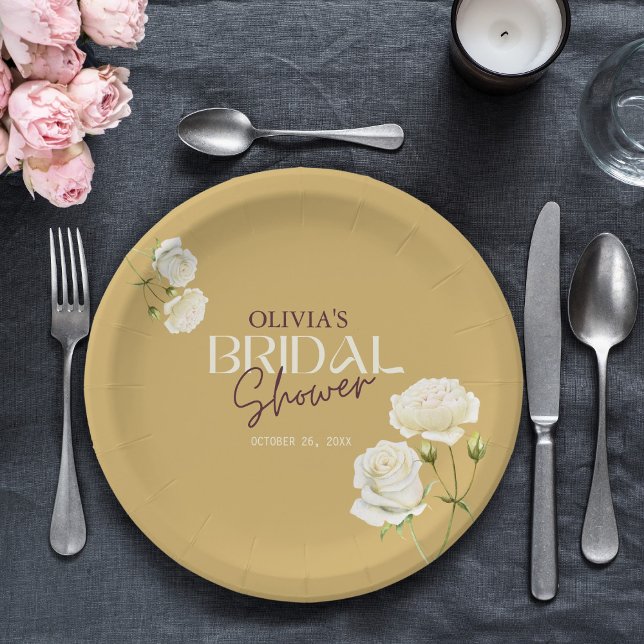 Blossoming Love with White Rose Bridal Shower Paper Plates (Creator Uploaded)
