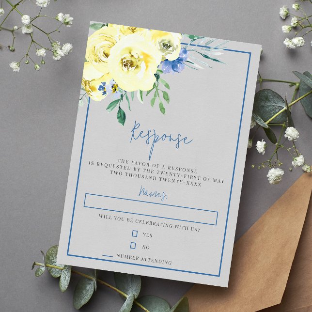 Blossoming Love Yellow and Blue Floral RSVP Card (Creator Uploaded)