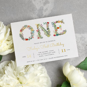 Blossoming One   First Birthday Party Foil Invitation