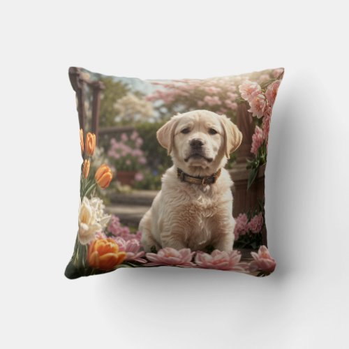 Blossoming Paws Labrador Love in Floral Paradise Throw Pillow