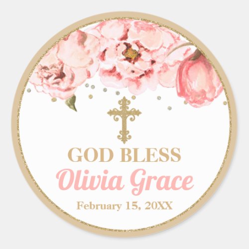 Blossoming Peonies Pink Blush  Gold Baptism Classic Round Sticker