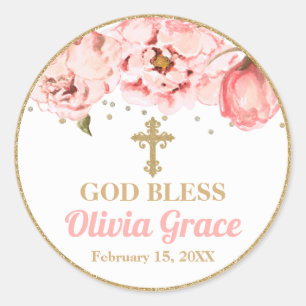 Blossoming Peonies Pink Blush & Gold Baptism Classic Round Sticker