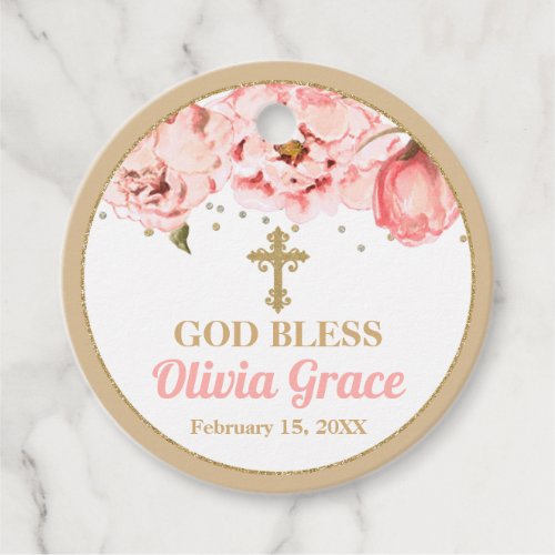 Blossoming Peonies Pink Blush  Gold Baptism Favor Tags