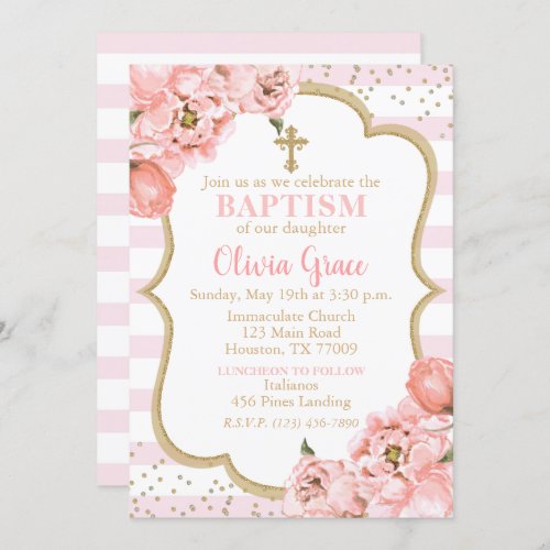 Blossoming Peonies Pink Blush  Gold Baptism Invitation