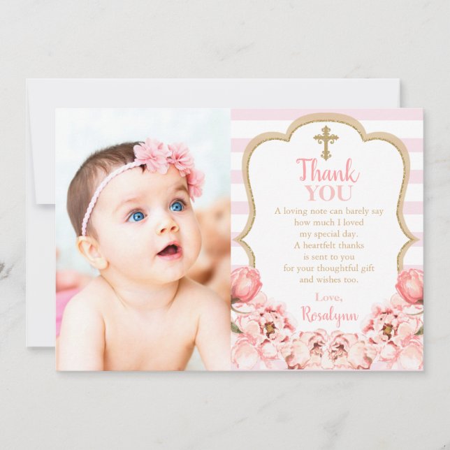 Blossoming Peonies Pink Blush & Gold Baptism Thank You Card (Front)