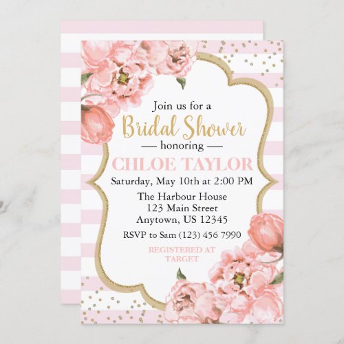 Blossoming Peonies Pink Blush  Gold Bridal Shower Invitation