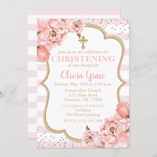 Blossoming Peonies Pink Blush  Gold Christening Invitation