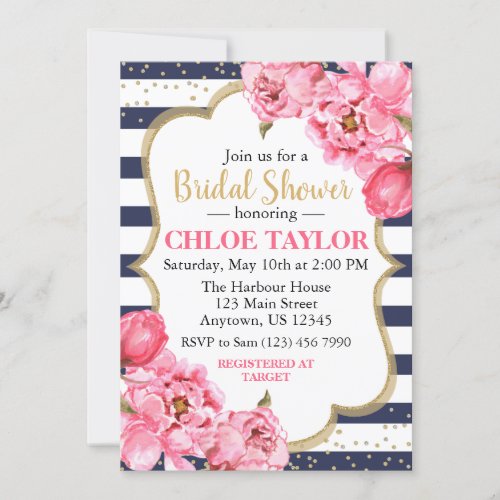 Blossoming Peonies Pink  Navy Bridal Shower Invitation