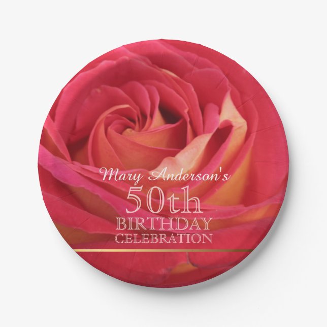 Blossoming Rose 50th Birthday Celebration Party PP Paper Plates (Front)