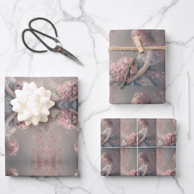 Blossoming Serenity Ethereal Pink Fantasy Art Wrapping Paper Sheets (Front)