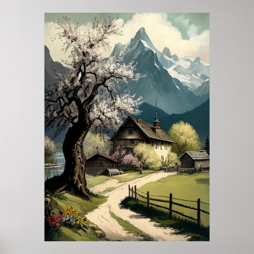 Blossoming Spring Lush Fields and Snowy Peaks Poster