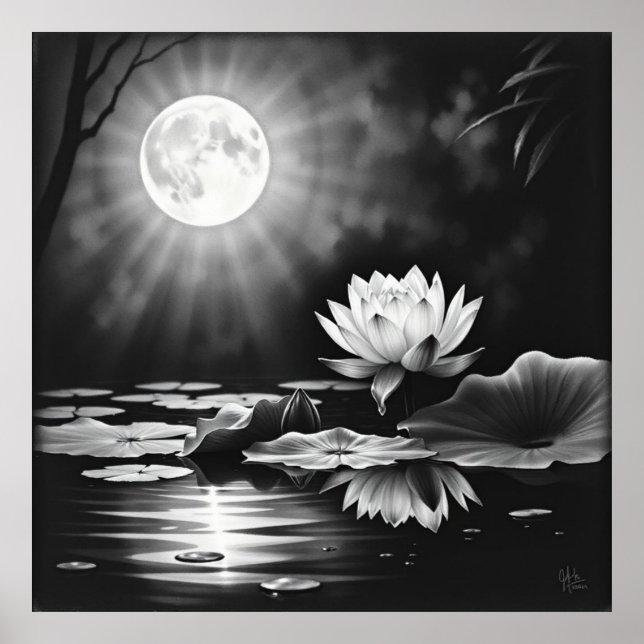 Blossoming Tranquility: Lotus Charcoal Art Poster (Front)